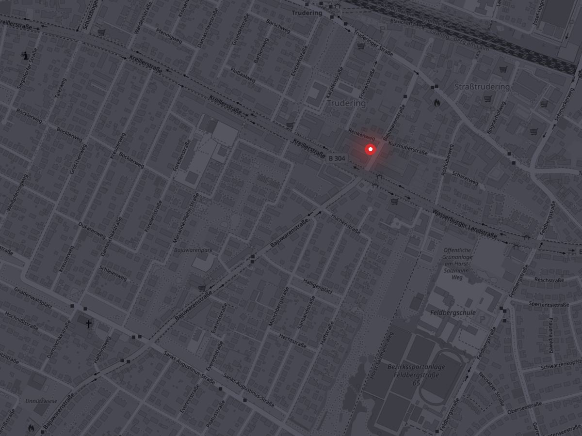 Kartenausschnitt von München Trudering mit markiertem Standort der Werkstatt an der Bajuwarenstraße